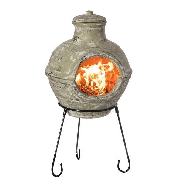 Vintiquewise Outdoor Beige Clay Chimenea BBQ Grill Fire Pit Accent Design and Metal Stand QI004354